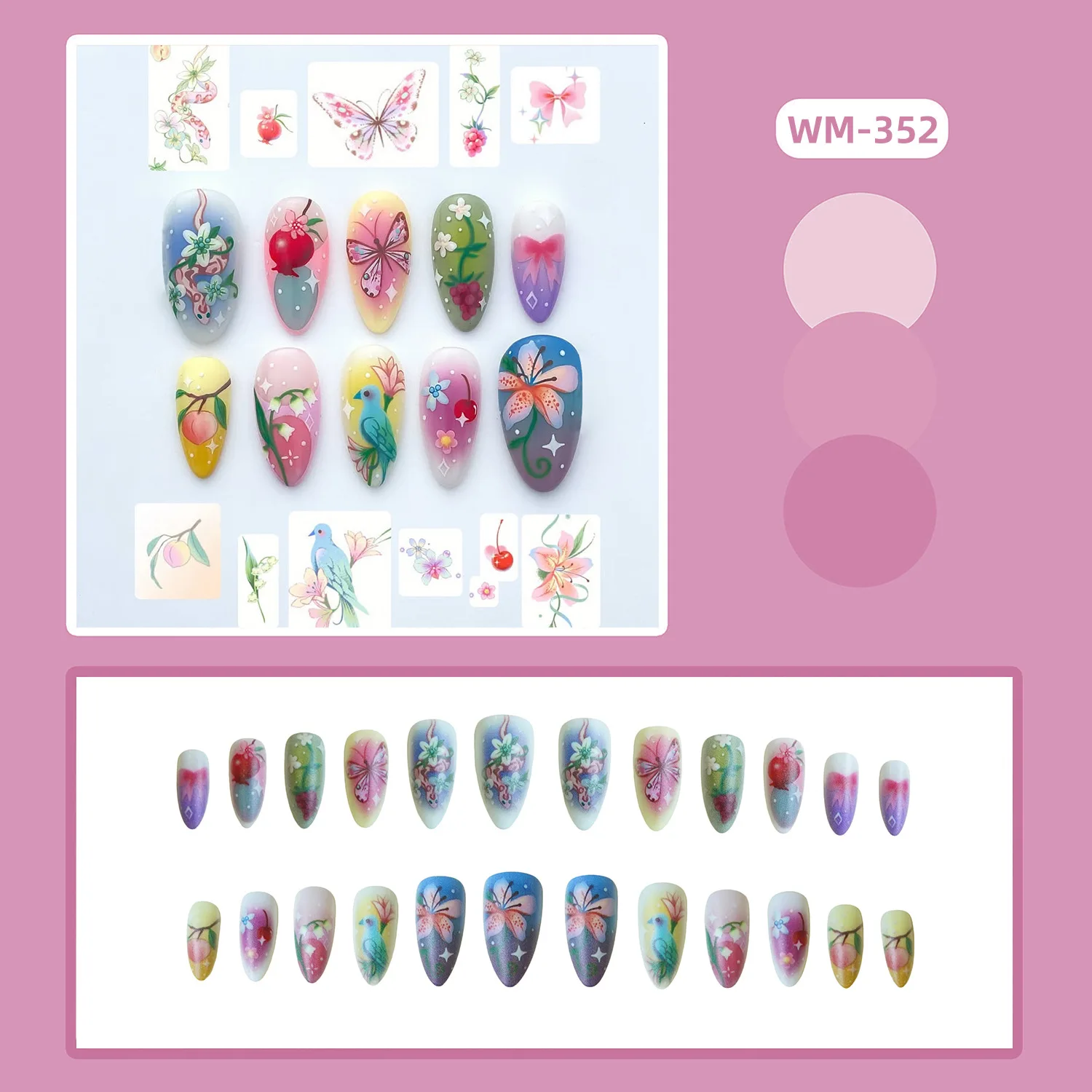 24pcs Fantasy Flower False Nails With Cartoon Fairy Butterfly Design Long Almond Tip Press On Nails Wearable Gradient Fake Nails