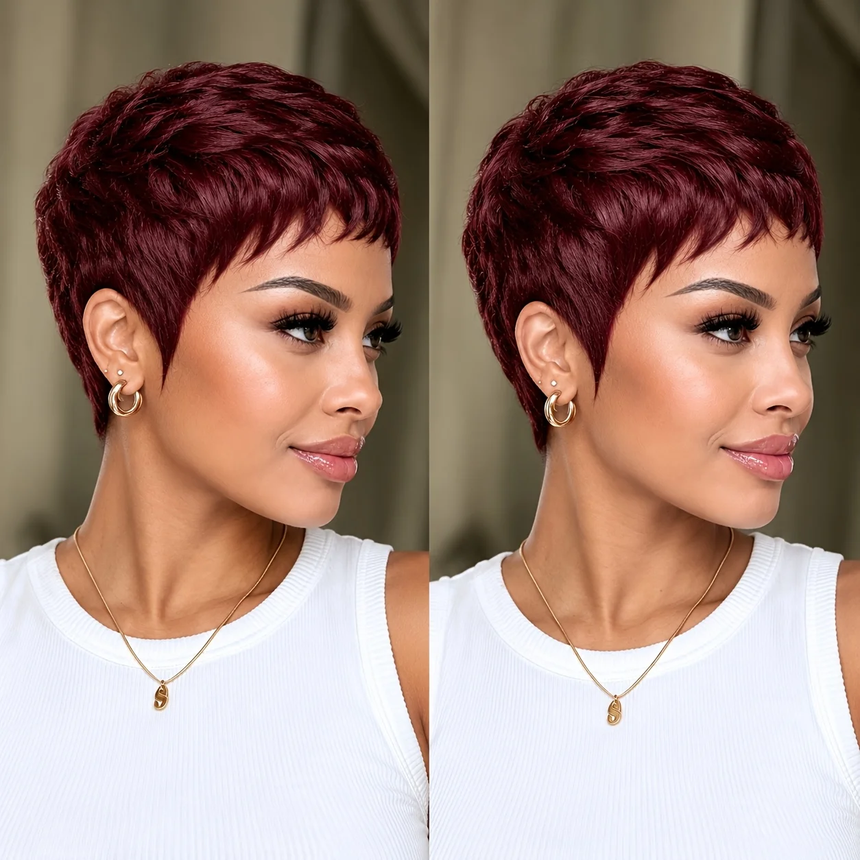 Full Machine Made Human Hair Short Pixie Cut Wig, Burgundy Layered Pixie Wig with Bangs, Natural Looking Short Human Hair Wigs