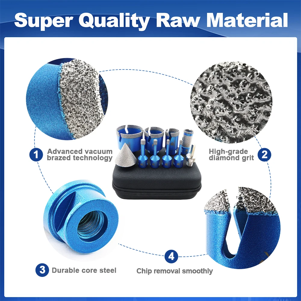 BRSCHNITT Diamond Drill Bit Set Dia 6-68mm Milling Bit Adapter for Tile Granite Marble Stone 10Pcs Hole Saw Milling Bit