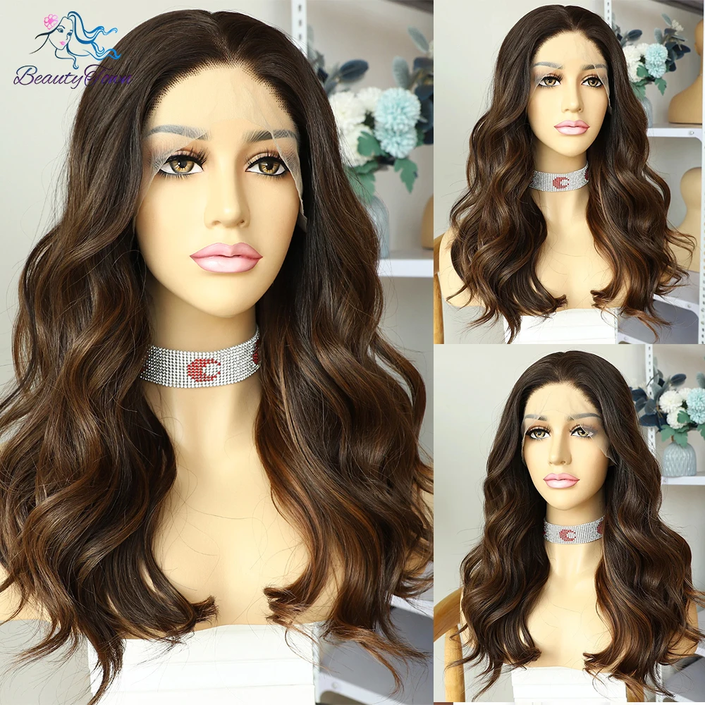 Brown 13x3 Synthetic Lace Front Wig Short Wavy Wig Ombre Brown Highlight Colored Wig For Women Straight Daily Use Cosplay Wig