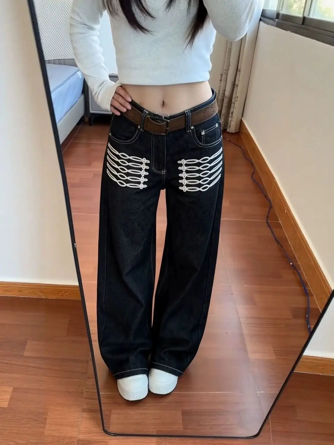 Retro American Cool Strap Decorated Black Jeans Loose Wide Leg Men's Autumn Straight Loose Slimming Versatile Jeans