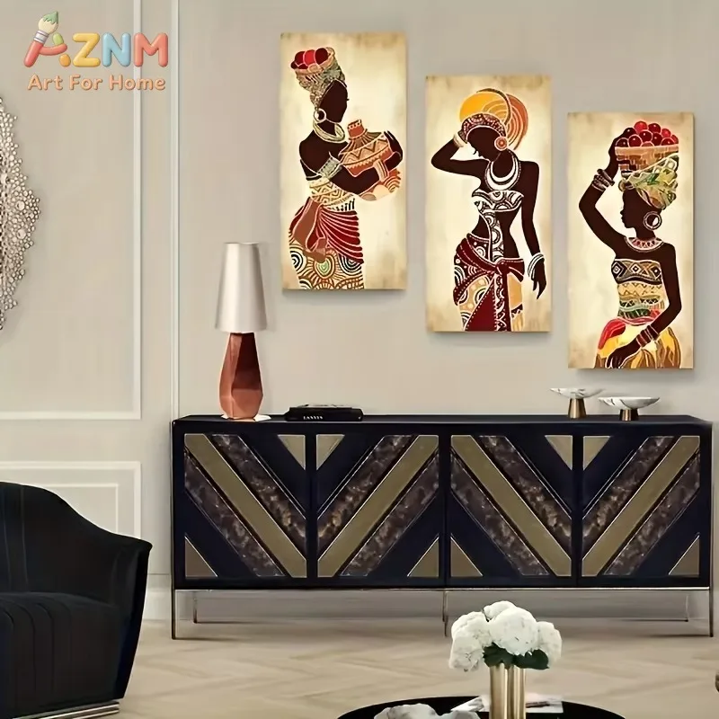 3pcs African Woman Ethnic Tribal Canvas Wall Art No Frame Poster Print Vintage Black Lady Figure Pattern Living Room Home Decor