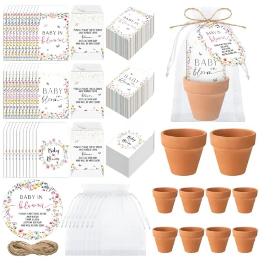 Baby Shower Party Favors: Wildflower Seed Packets in Mini Terracotta Pots with Self-Adhesive Envelopes and Thank You Tags Bloom