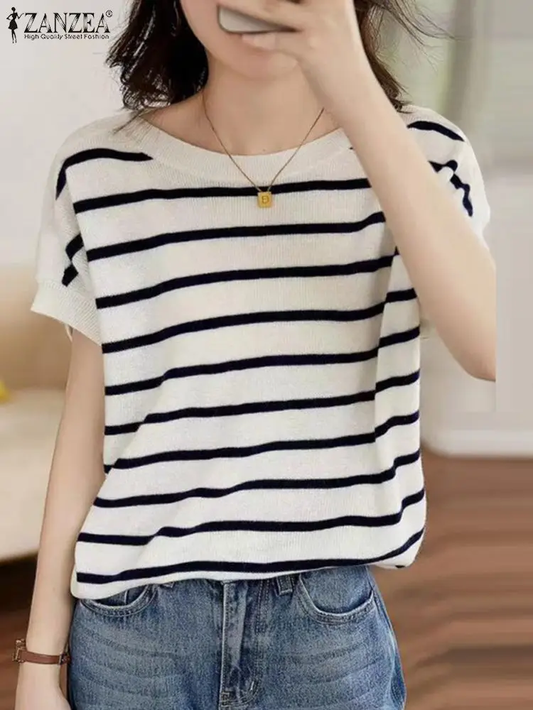 ZANZEA Women Stripes Short Sleeve Blouse Summer Boat Neck Shirt Fashion Casual Loose Office Tops Blusas 2024 Female Korean Tunic