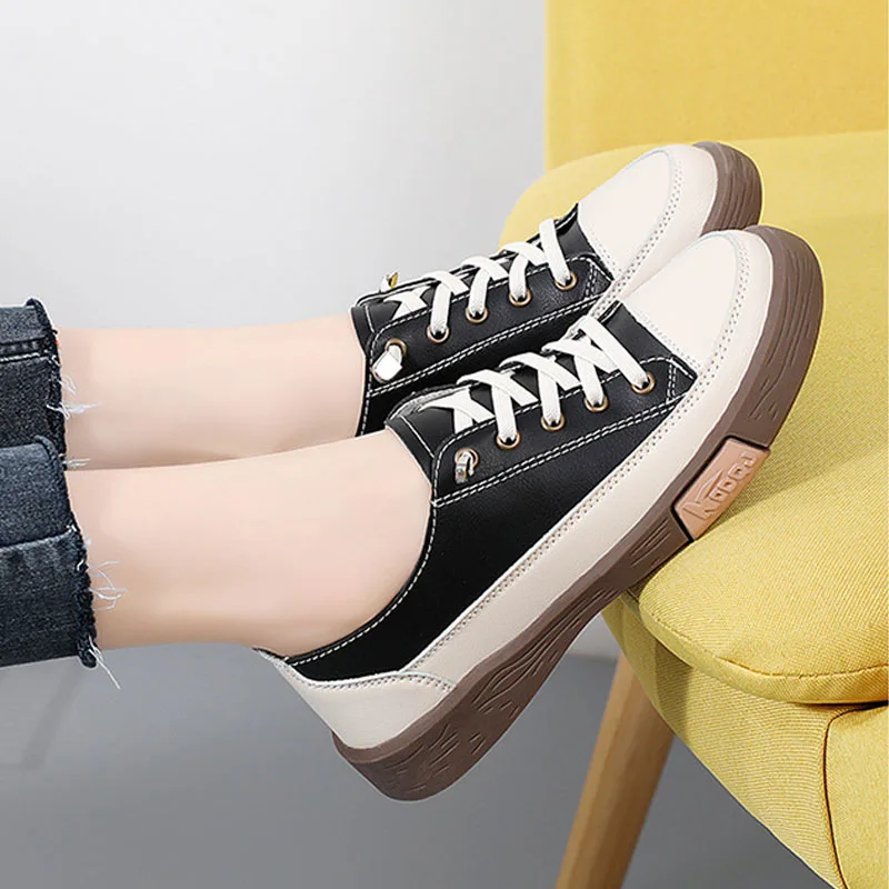 Spring Autumn Women's Shoes Elastic Bands Slip on Casual Shoes Breathable Leather Flat Sneakers Female Platform Skateboard Shoes