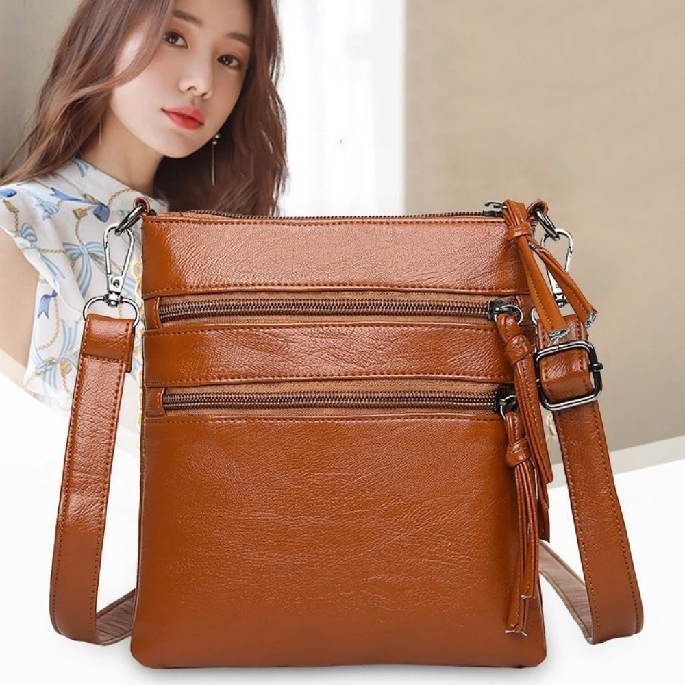 

Zipper Mobile Phone Pouch Soft Leather PU Leather Single Shoulder Bag Multiple Usages 3 Layers Vertical Square Bag Daily