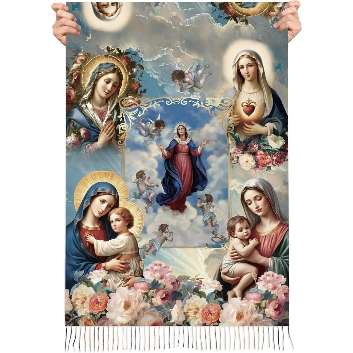 Virgen Prayer Shawl Scarf Catholic Gifts for Women Mom Mexican Virgin Mary Pashmina Scarves Wrap Luxury
