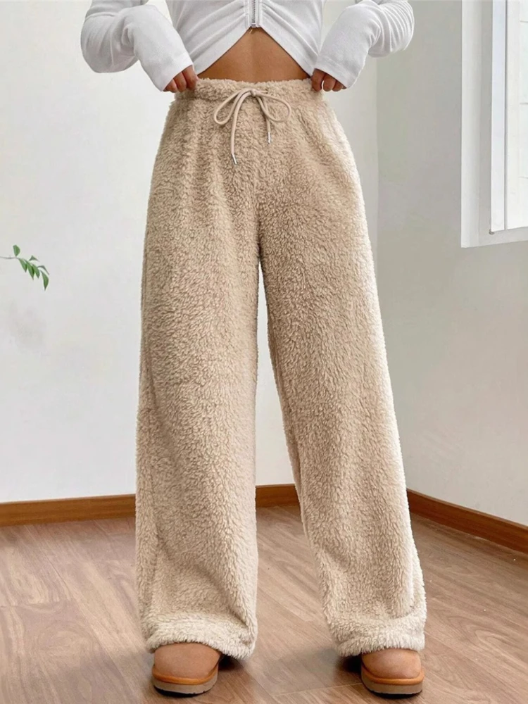 Autumn Winter Women Keep Warm Pants Fashionable Plush Casual Drawstring Waist Loose Comfortable Clothing Trouser Sweat Pant