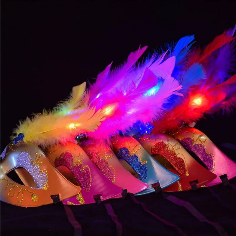 

20pcs Color Glowing Feather Half Face Golden Mask Bar Party Ladies Girl Princess Birthday Gift Halloween Wedding Festival