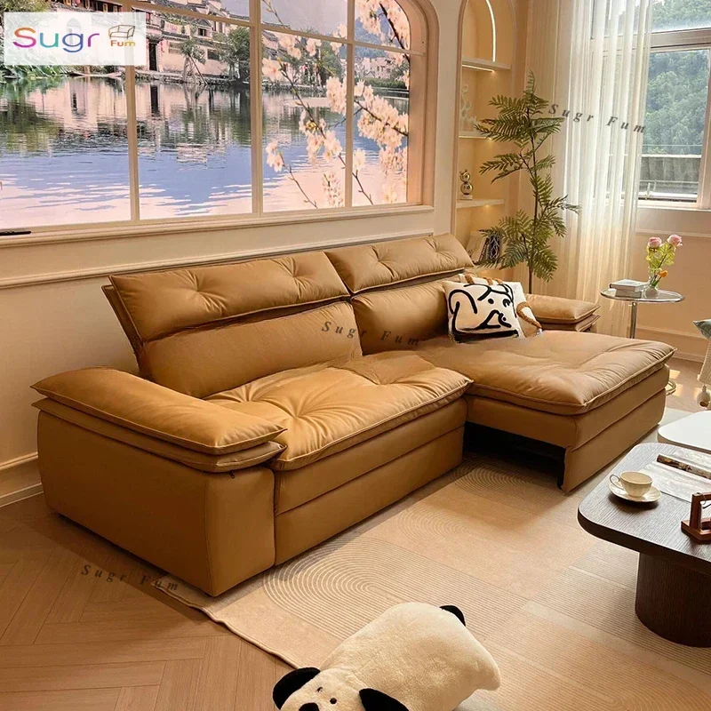 

Zero Wall First Class Electric Multifunctional First Layer Cowhide Adjustable Leather Sofa Bed Cream Wind Straight Row Sofa