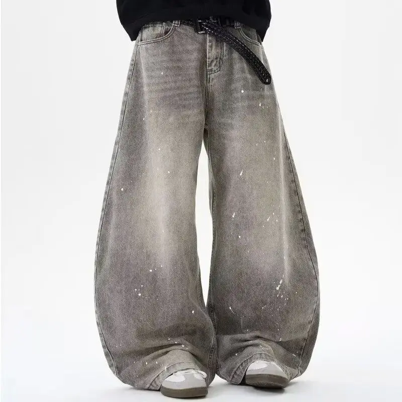

Retro Washed Vintage Grey Spring Autumn Ink Curve Jeans Men's Casual Resistant to Deformation Non Gender Specific Drawstring
