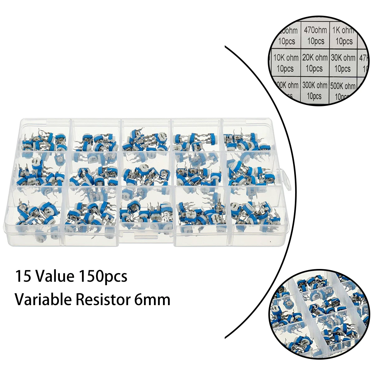 150Pcs Variable Resistor 100 Ohm-1M Ohm Trimmer Potentiometer Assorted Kit 15 Types 1K 3.3K 10K 20K 30K 47K 100K 500K