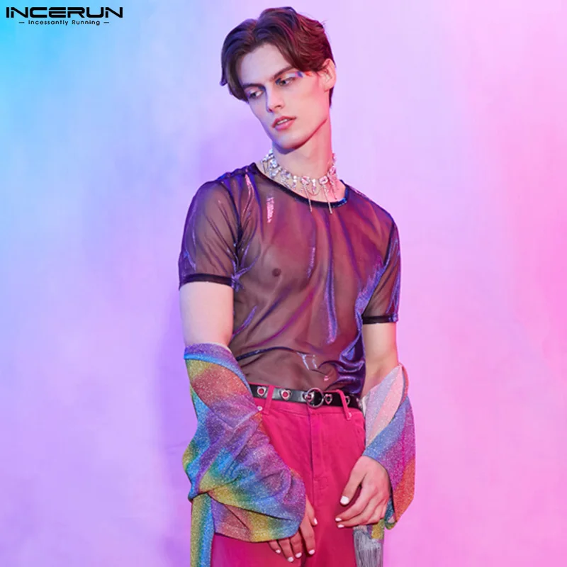 INCERUN 2024 Men T Shirt Mesh See Through Shiny O Neck Short Sleeve Sexy Tee Tops Streetwear Solid Party Nightclub Men Clothing