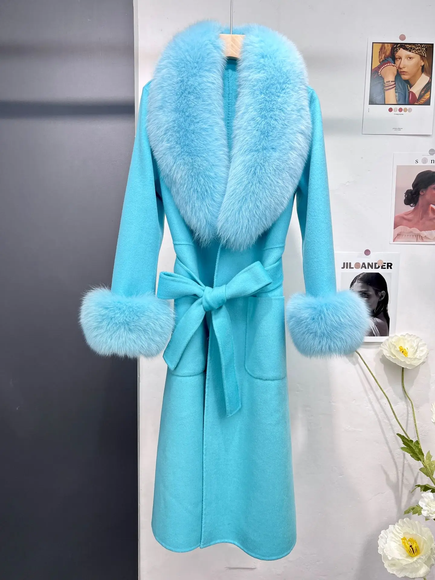 

Women Fashion Overcoat 2024 Real Fur Coat Winter Jacket Women Natural Fox Fur Collar Cashmere Wool Long Outerwear Ladies Streetw