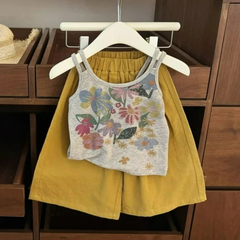 Children's Clothing Sets Vacation Oil Painting Style Baby Girl Sweet Flowers Undershirt + Casual Anti-mosquito Wide-leg Pants