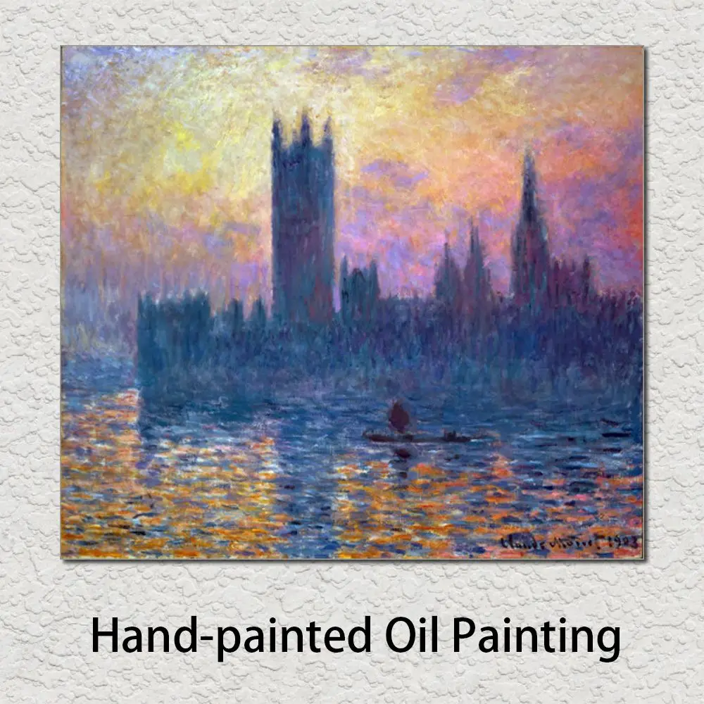 

Handmade Canvas Wall Art Oil Painting Houses of Parliament Sunset Claude Monet Painting Landscape Artwork Modern Studio Decor