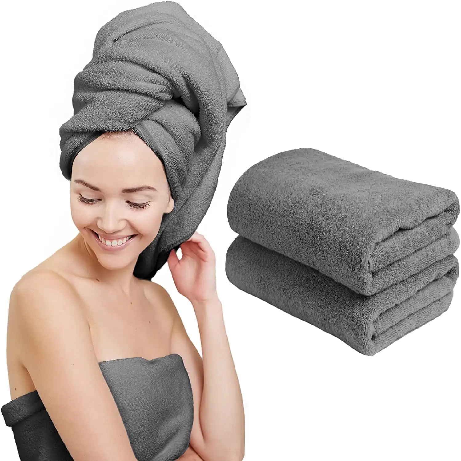 

Microfiber Hair Towel Wrap Anti Fizz Super Absorbent and Quick Dry for Women 24'' X 48" Gray 2 Pack Perfect for All Hair Types