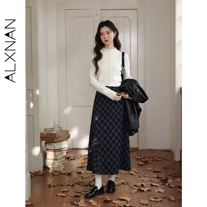 ALXNAN jupe à carreaux automne hiver rétro boutons en métal grand ourlet taille haute jupes élégance doux polyvalent vêtements pour femmes L58628