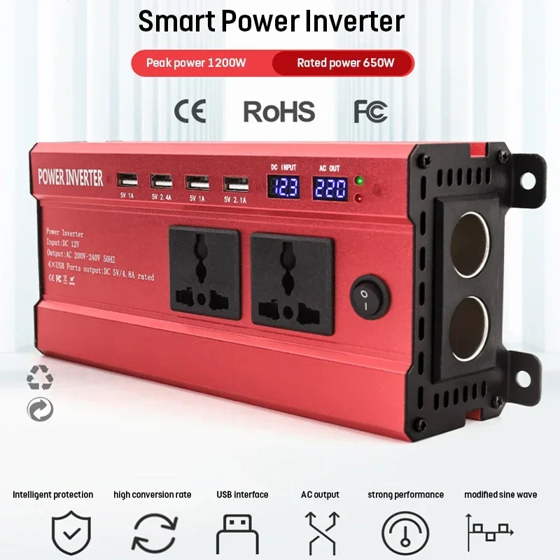 Power Inverter 4 USB Interface Transformer 1200W 12V/24V to 220V LED Car Converter Charger Adapter Modified Sine Wave