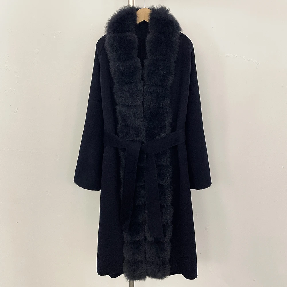 Manteau de fourrure Long pour femmes manteau de fourrure de réalité de luxe col de fourrure de renard naturel manteau de fourrure de laine femmes de haute qualité 2025 manteau de mélange de laine
