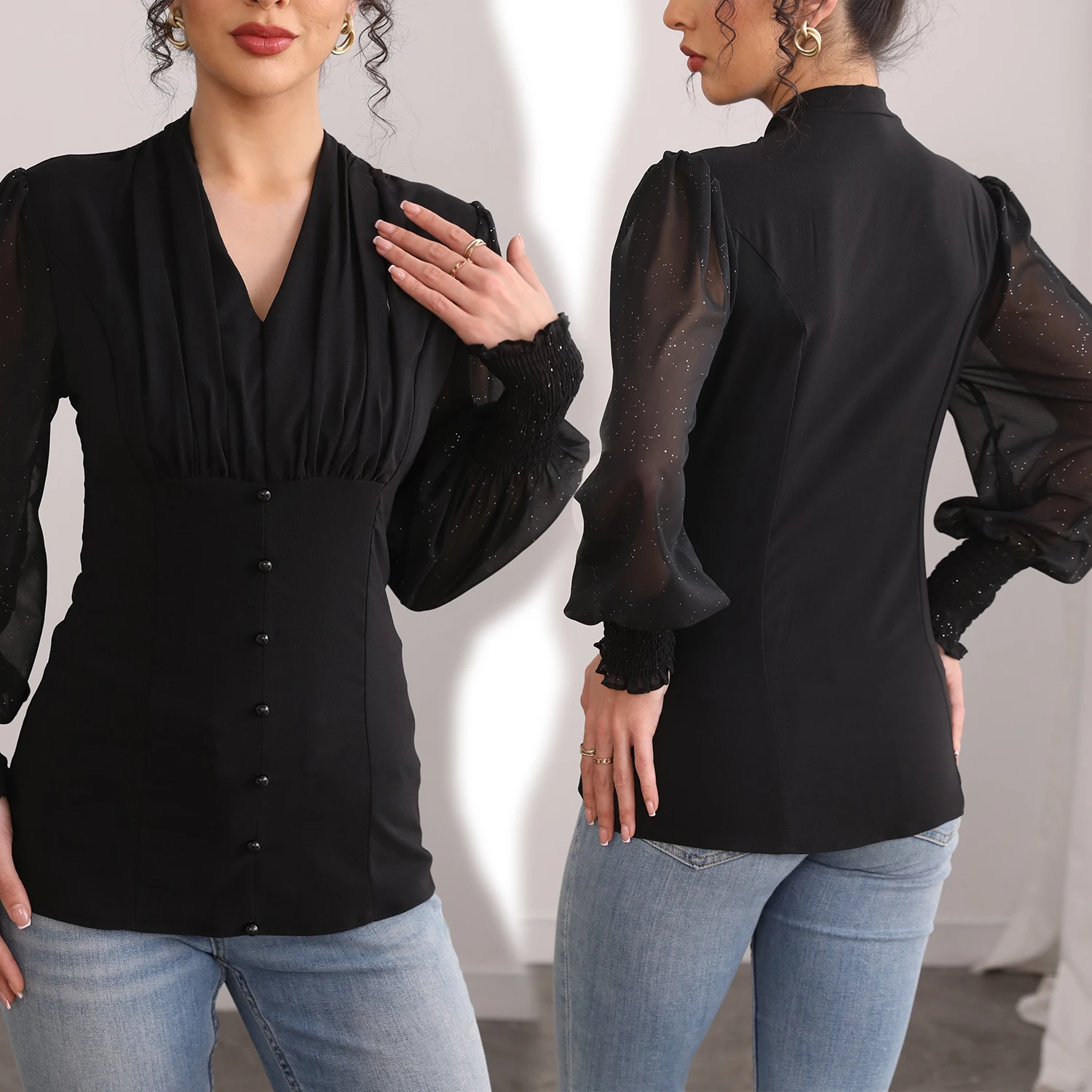 

Vintage Victorian Blouse for Women Short Sleeve V Neck Lace Chiffon Slim Corset Shirt Tops