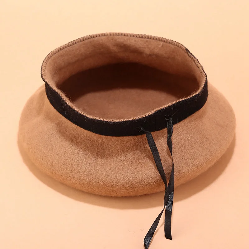 15Colors Women Pure Wool Beret Hat Adjustable Strap Vintage French Style Solid Color Warm Winter Beanie Cap
