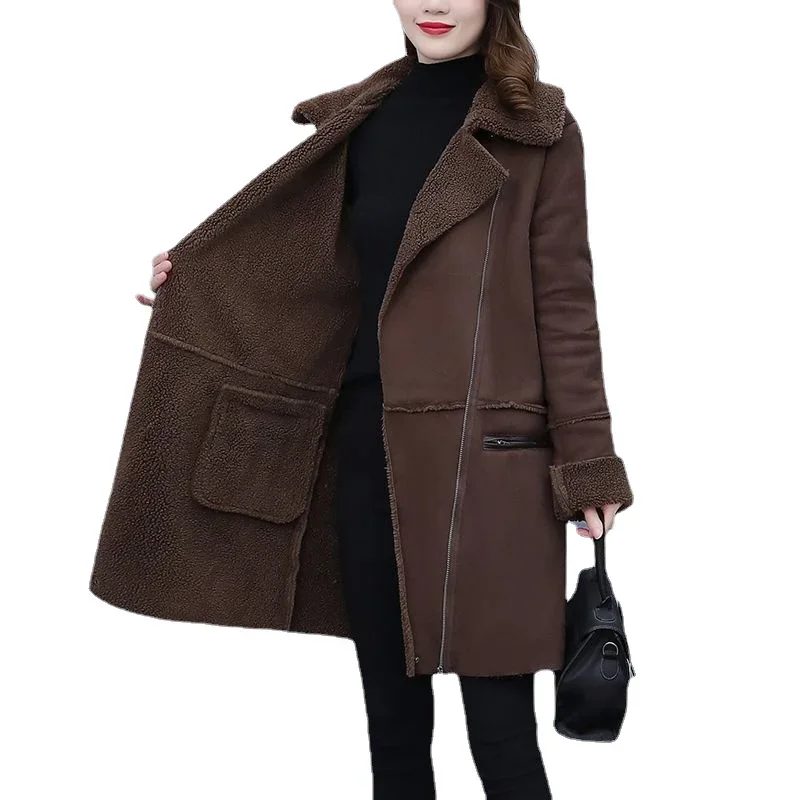 Medium long high-end grand lamb fur one-piece coat for winter large women\'s loose warm long coat