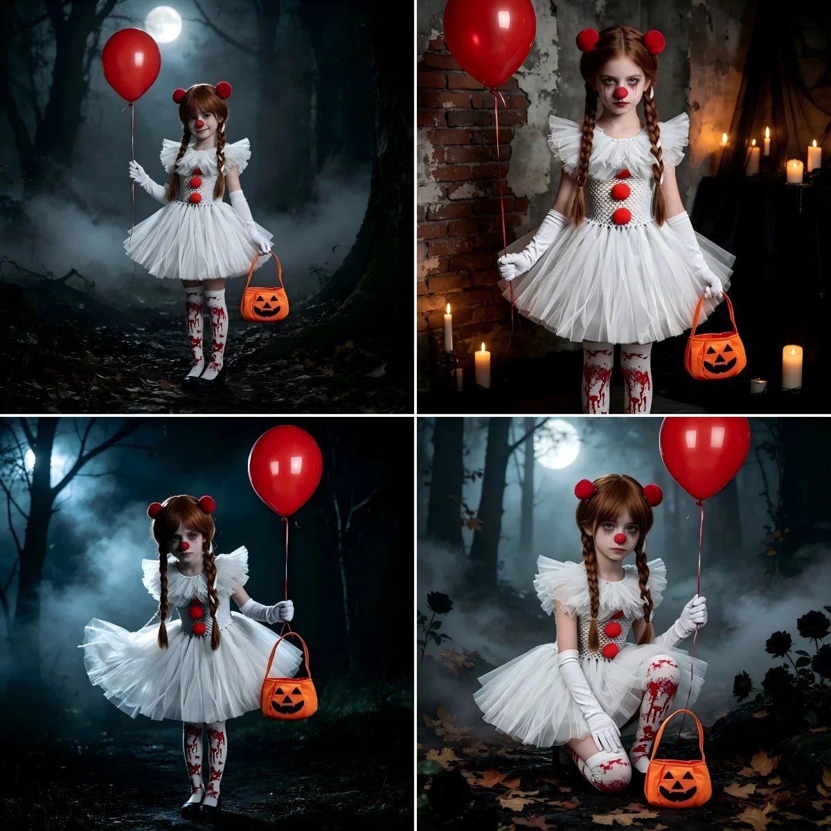 Disfraz de payaso de circo de terror para niños, vestido tutú con decoración esponjosa, calcetines con estampado de sangre, conjunto de disfraz de cosplay para Halloween