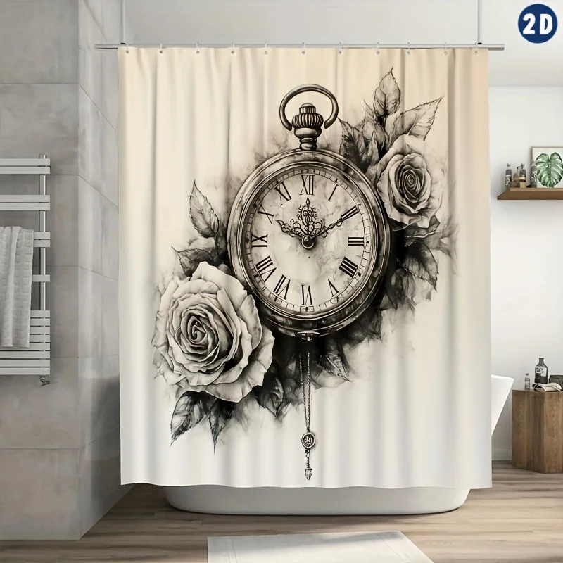 

Занавеска для душа Pocket Watch & Roses — винтажный дизайн, прочный полиэстер с крючками, для ванных комнат