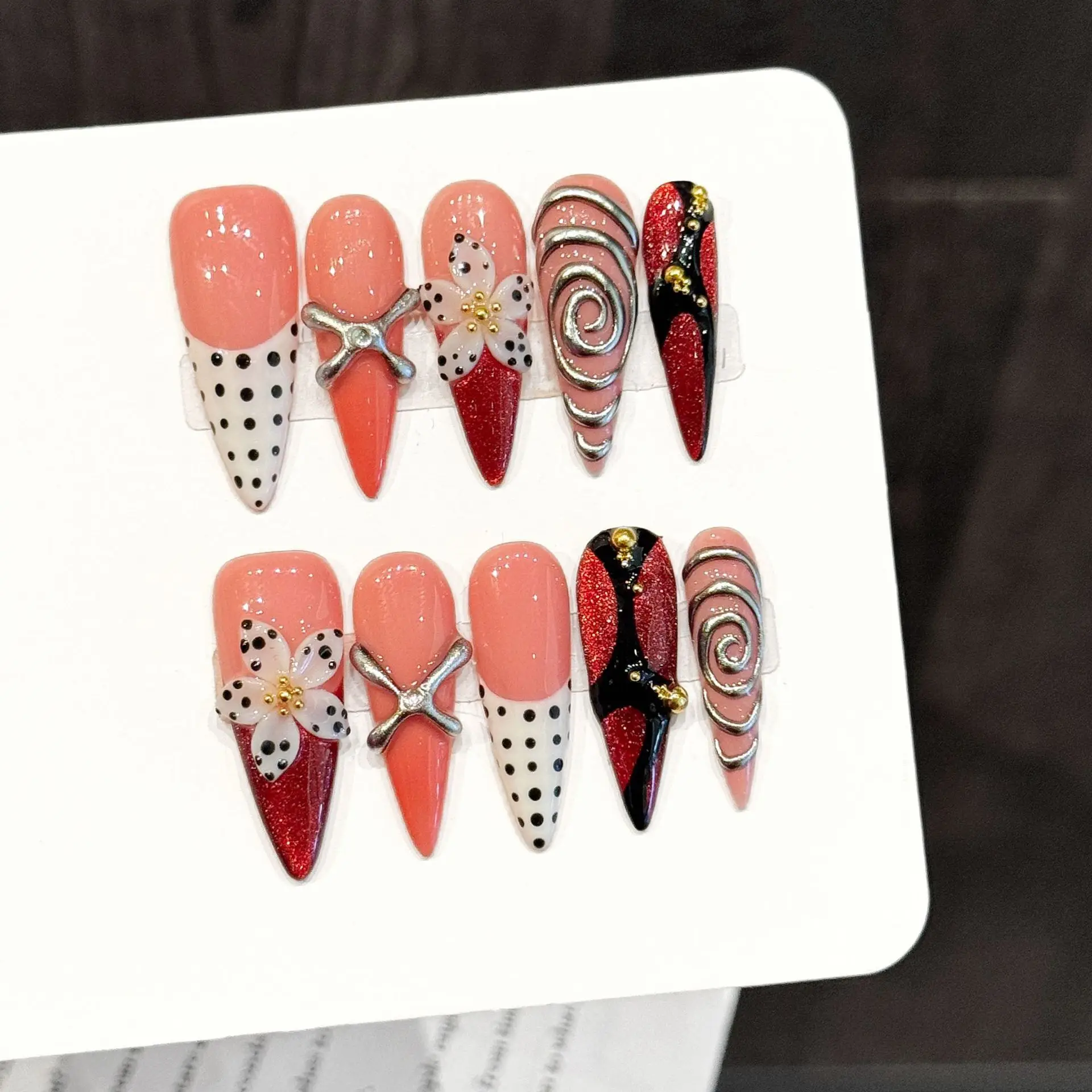 

10pcs Handmade Long Stiletto Y2K Press On Nails Red Cat Eye 3D Carving Flower Polka Dot Metal Design Fake Nails Wearable Nails