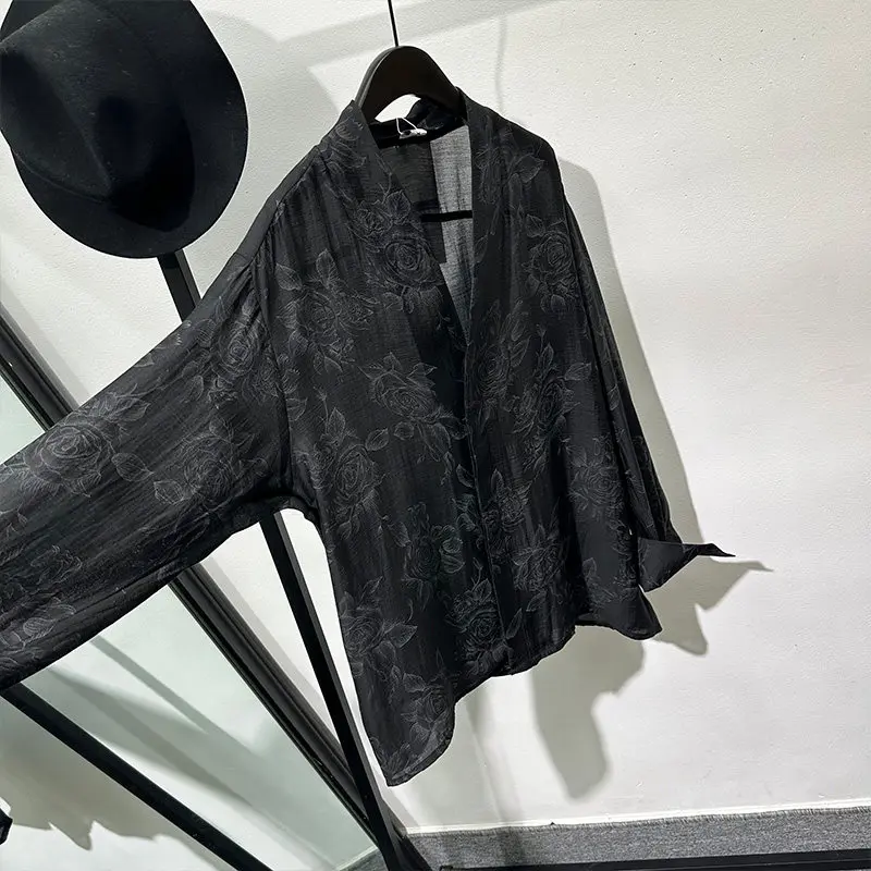 Fashionable Retro Hollow out See through Printed Long-Sleeved Shirt with Avant-Garde Design Stylish Thin Top