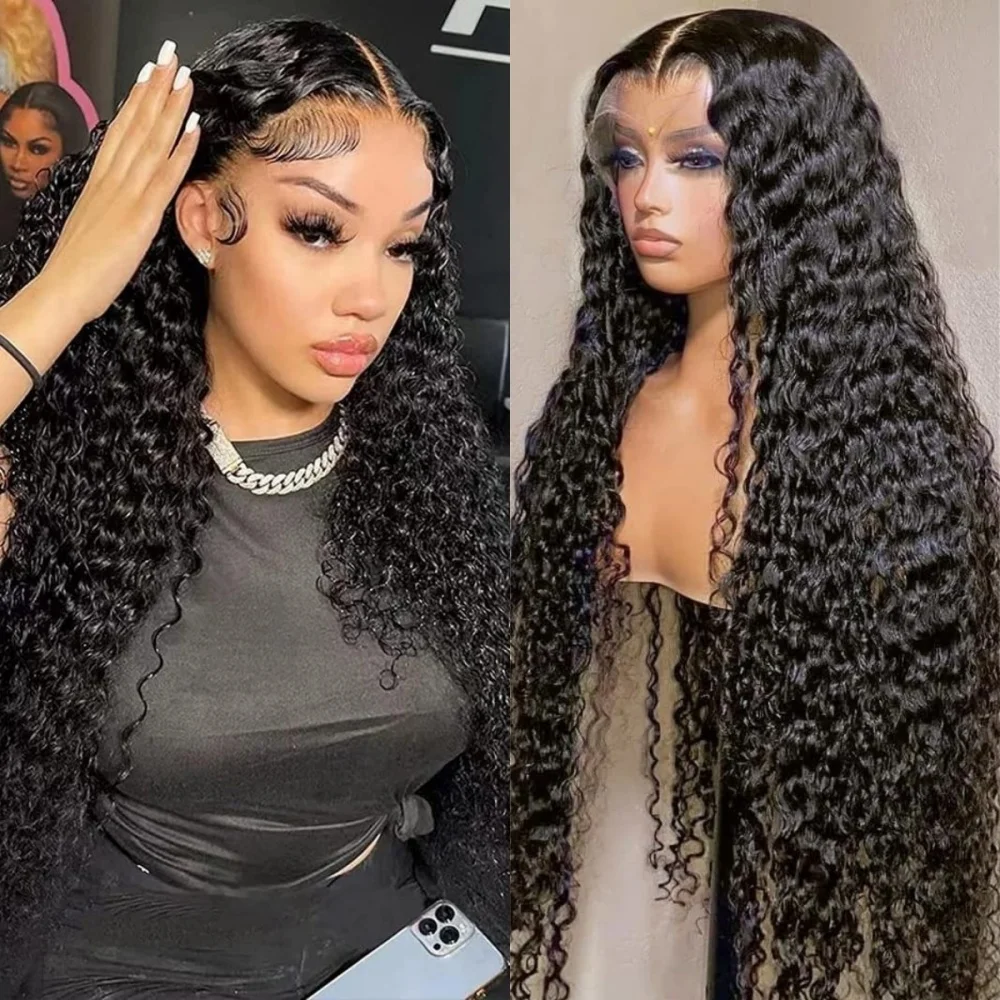 

13x4 Water Wave Lace Front Wigs Human Hair Curly Transparent Natural Color Pre Plcked 220Density Lace Frontal Wig For Women 1B