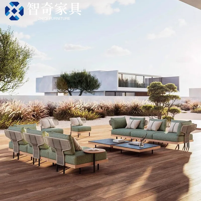 أريكة حبل خارجية للفنادق، إقامة منزلية، فيلا من خشب الساج، فناء حديقة، شرفة مقاومة للماء، طاولة أريكة واقية من الشمس ومجموعة كرسي #3