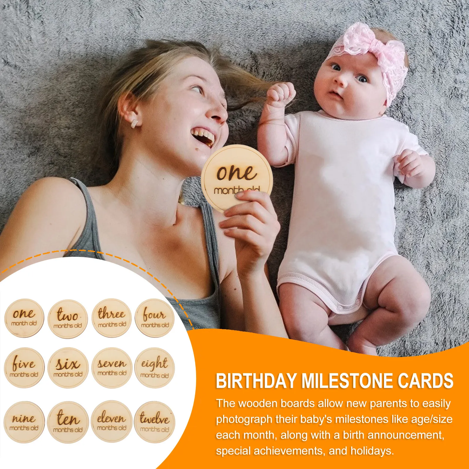 12Pcs Wooden Baby Growth Recording Cards Monthly Milestone Plaques for Newborn Photos Nursery Shelf