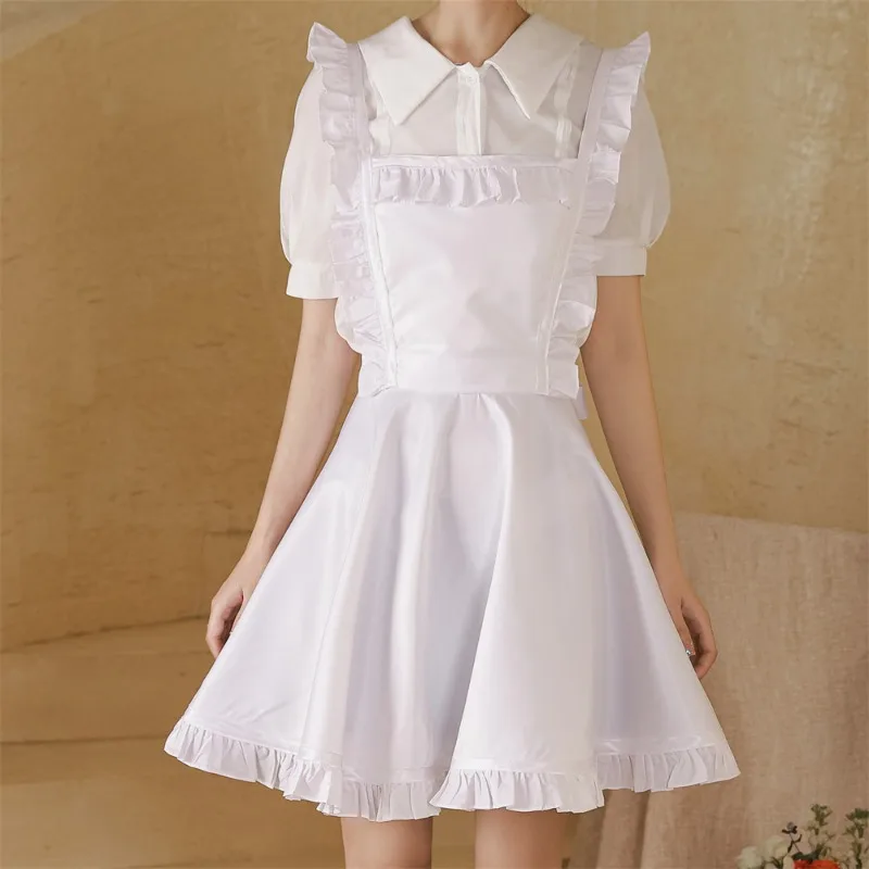 White Household Kitchen Apron Waterproof Oil-Proof Ruffled Back Cross Overalls Nail Salon Work Apron