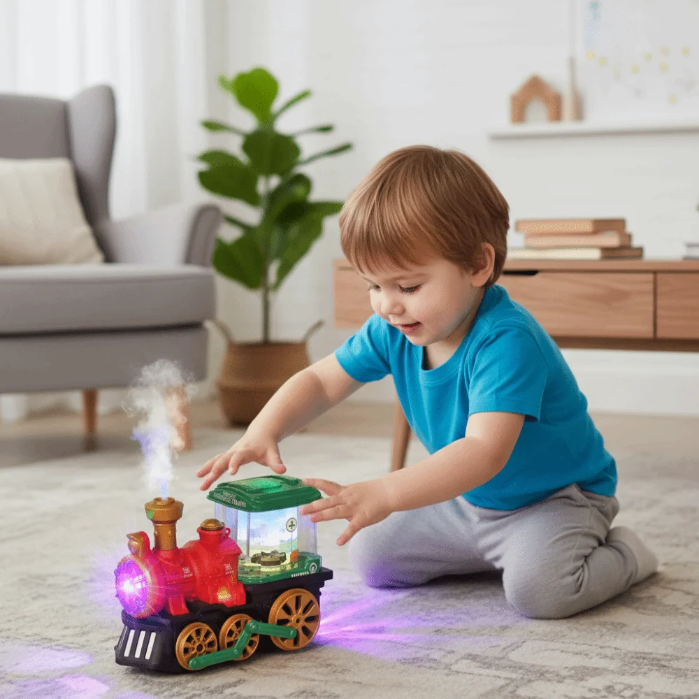 Locomotiva vintage creativa Treno a vapore elettrico Simulazione Luci rotanti a vapore Treno spray Giocattolo che suona Giocattolo educativo Regalo