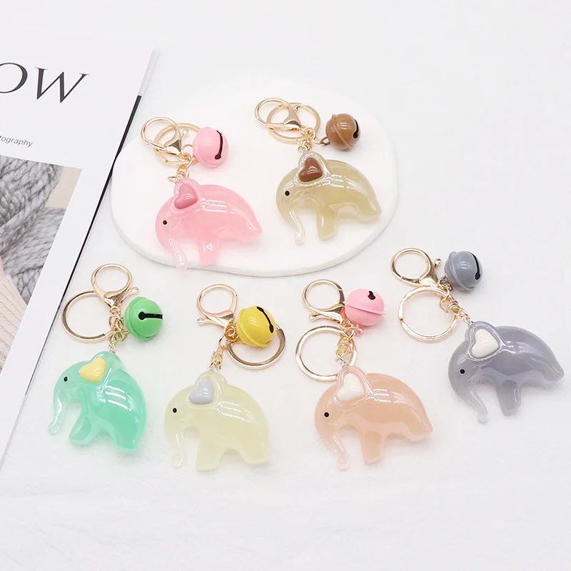 Fashion Jelly Colored Elephant Heart Keychain New Jewelry for Women Acrylic Loose Powder Love Bell Charm Car Bag Pendant Keyring