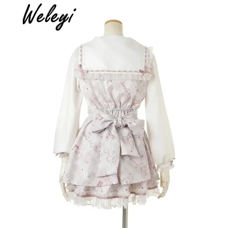 Lolita Kawaii Jirai Kei Skirt Two Piece Set Japanese Women\'s Clothing 2024 Spring Sweet Bow Navy Collar Printed Type A Tutu Suit