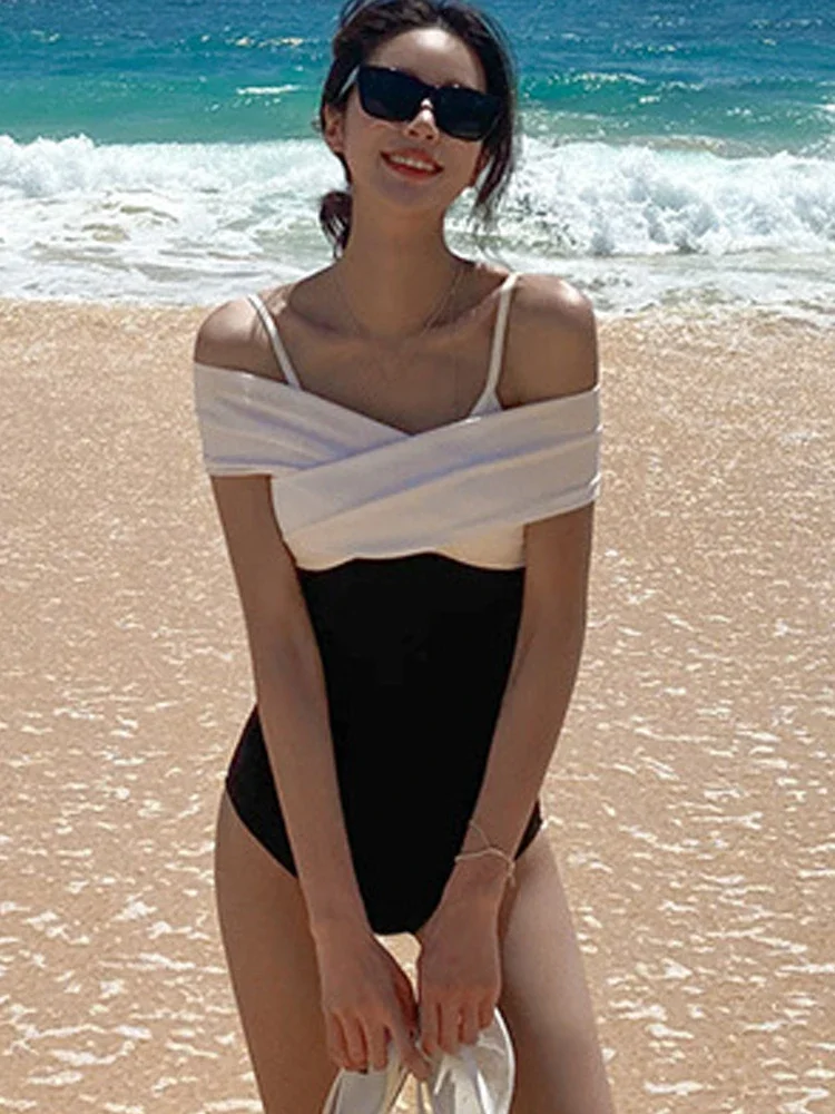 Black White Off The Shoulder Swimwear Women 2024 Sexy Short Sleeve One Piece Swimsuit Bathing Suit Korean Summer Beach Monokini