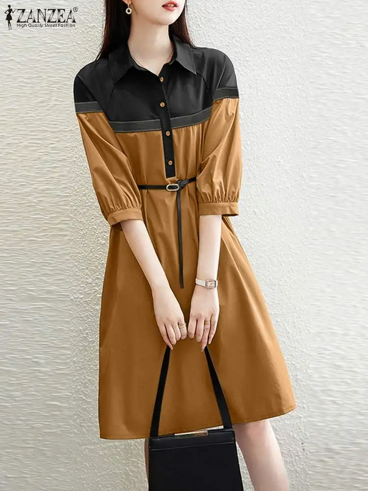 

ZANZEA Korean Fashion Color Block Knee-length Dress 3/4 Puff Sleeve Turn-down Collar Women Patchwork Vestidos Elegant Shirtdress