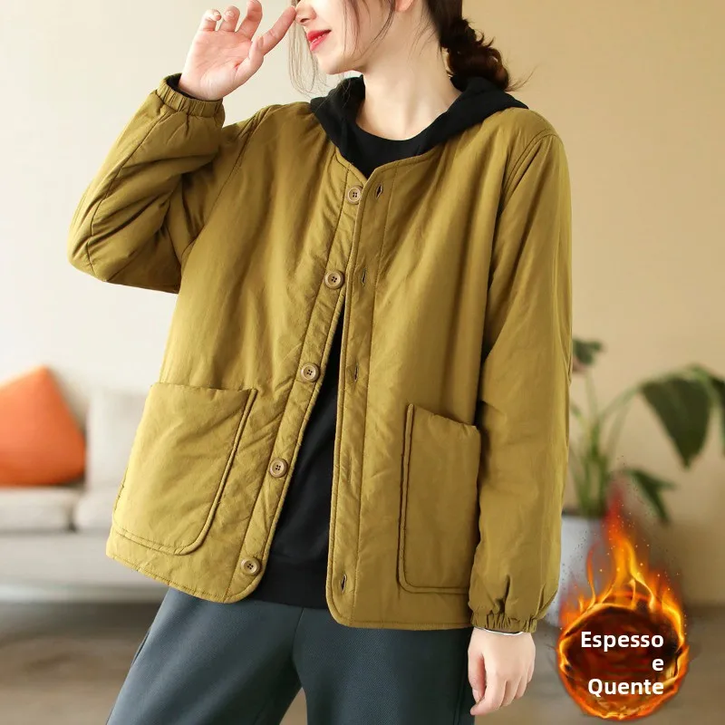 

Women's Vintage Cotton Jacket Thickened V-neck Loose Winter Coat Warm Cotton Padded Outerwear Artistic Style Long Sleeve