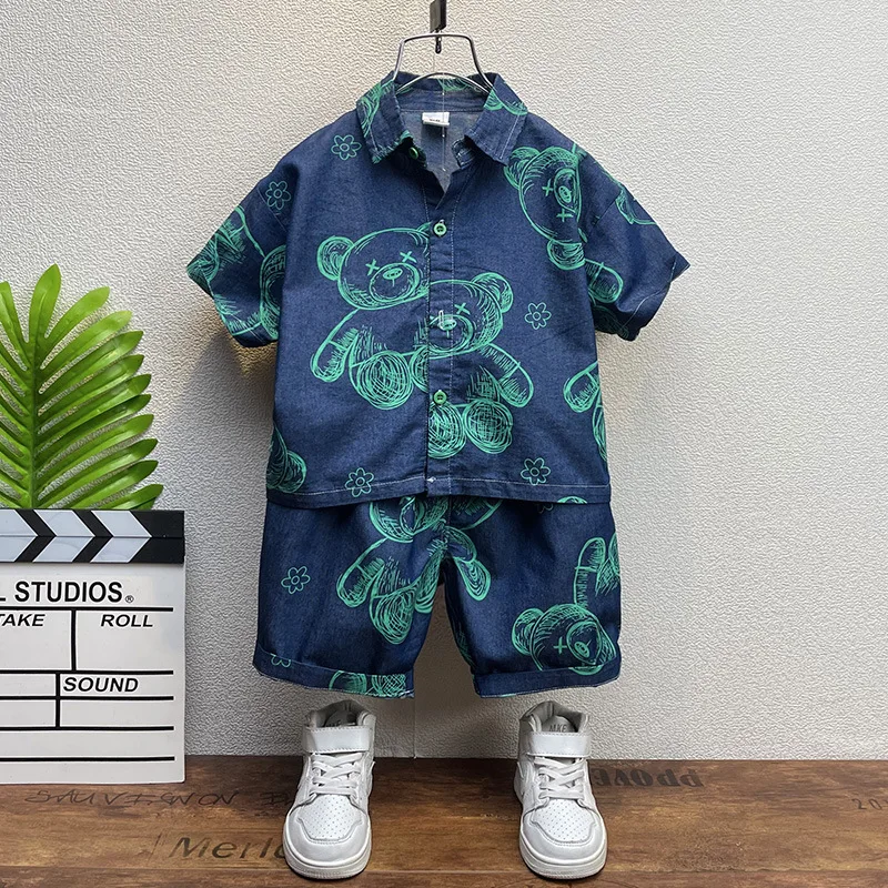 Summer Boys Clothing Set Cotton Kids Cartoon Print Denim Shirt+Denim Shorts 2pcs Outfits For 2-11Years Fashion Children Suits