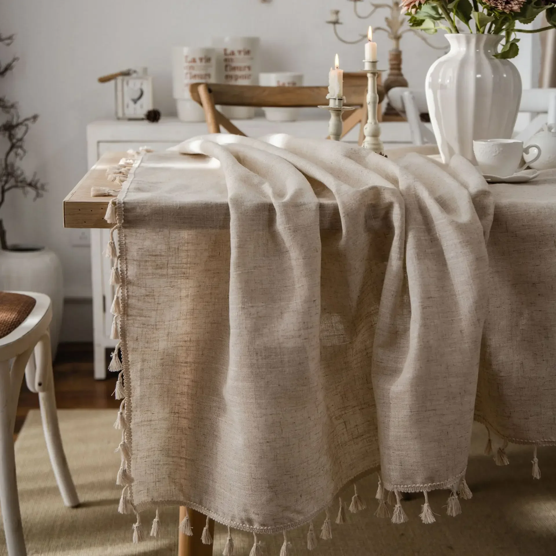 Tablecloth Polyester Linen Solid Color Table Cloth Fringe American Country Home Rectangular