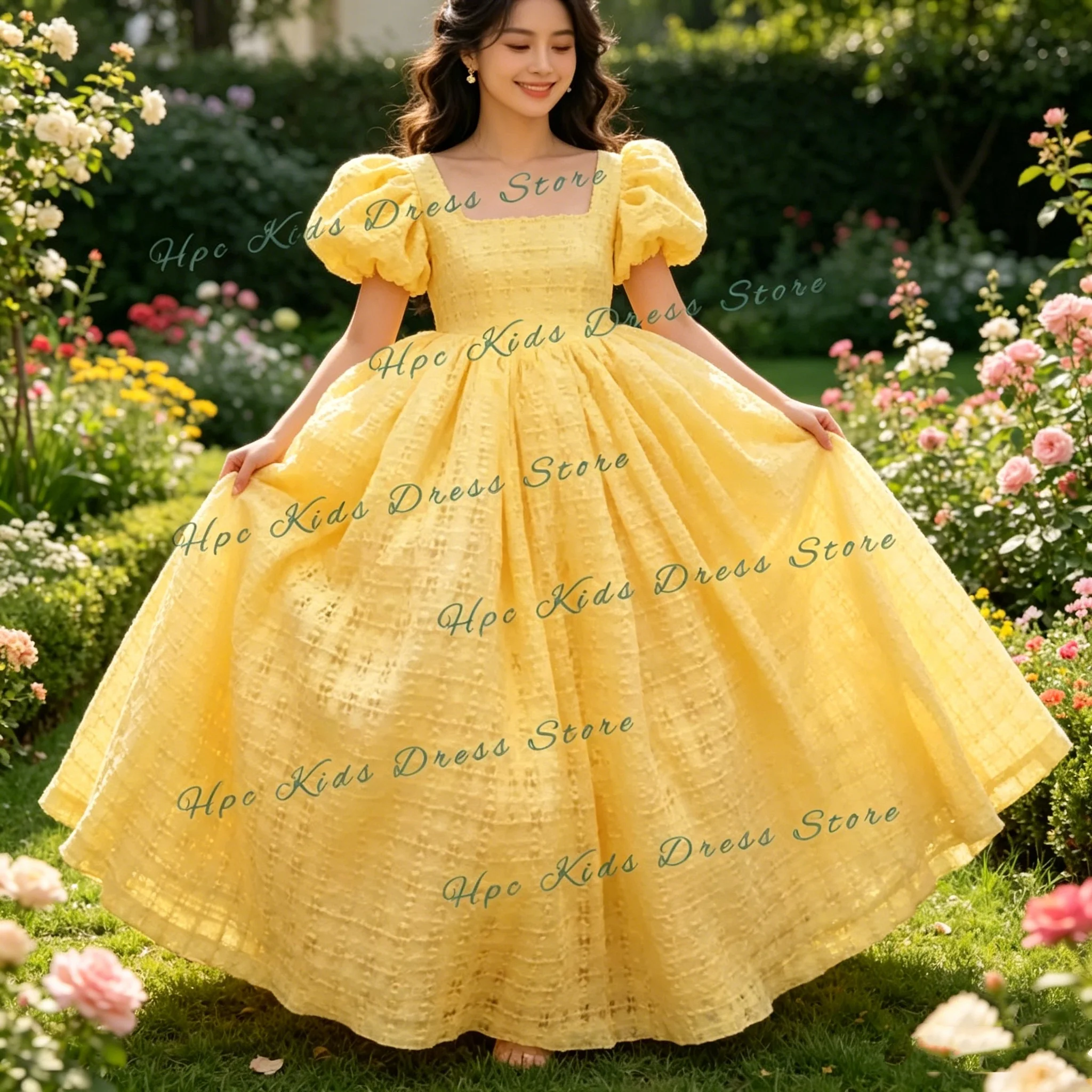 Robe de demoiselle d'honneur jaune à col carré et manches bouffantes, robe de princesse texturée, tenue de fête d'anniversaire pour enfants, tenue de mariage pour invitées