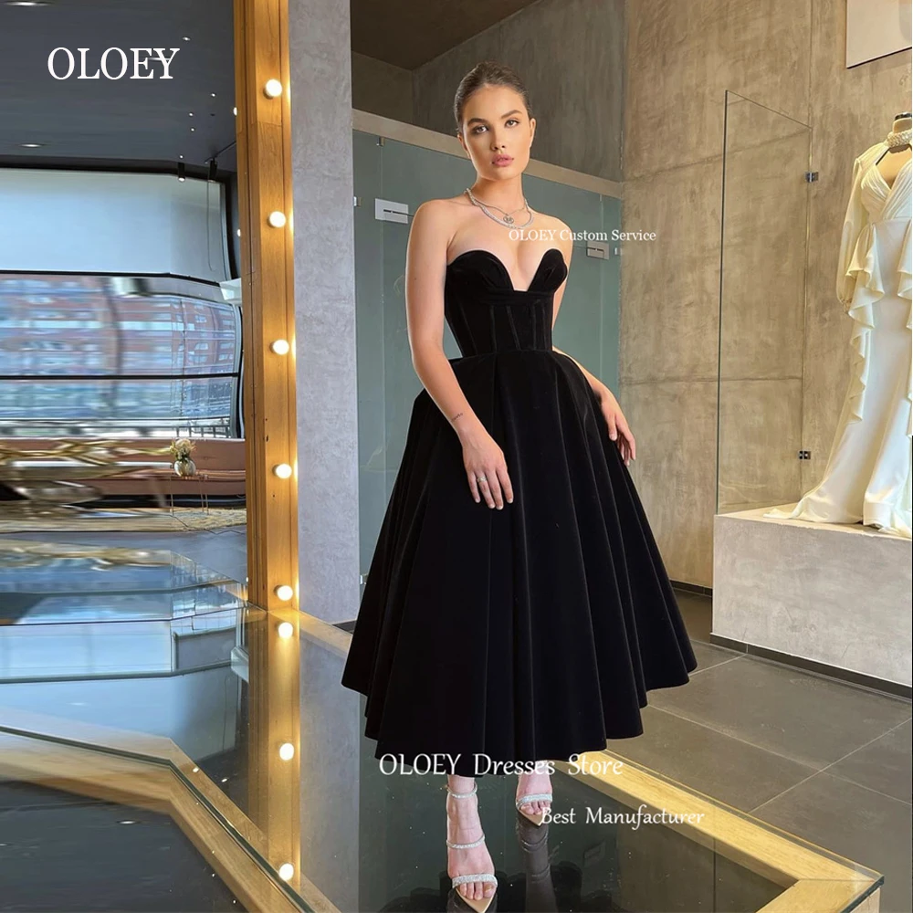 OLOEY Modern Black Velvet Prom Party Dresses Tea Length Sweethert A Line Dubai Arabic Lady Formal Gowns Night Event Dress