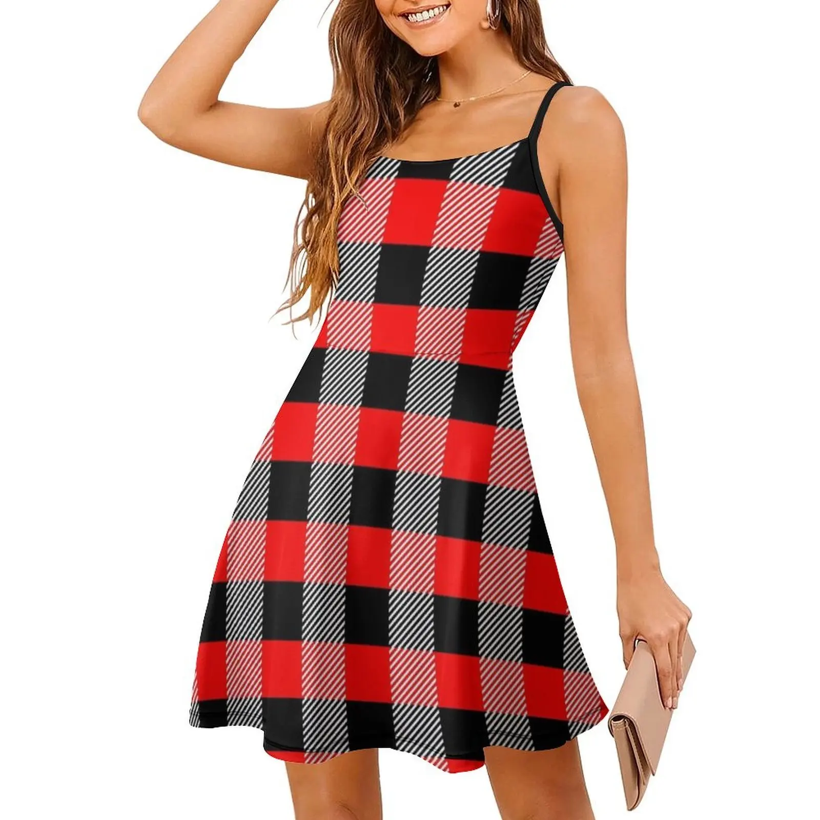 فستان منقوش باللونين الأحمر والأسود بدون خياطة على شكل قلب فستان أنيق للحفلات الصيفية للنساء خلفية تجريدية #3