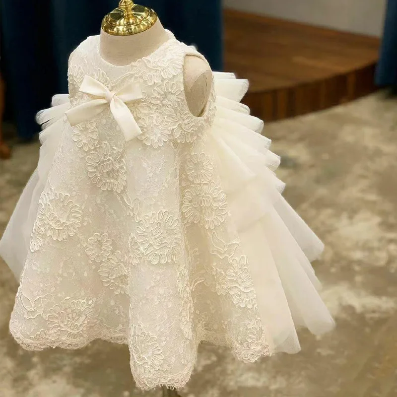 Robe d'été sans manches en dentelle avec nœud pour bébé fille, vêtements de princesse pour fête d'anniversaire, robe de Rhblanche pour enfants