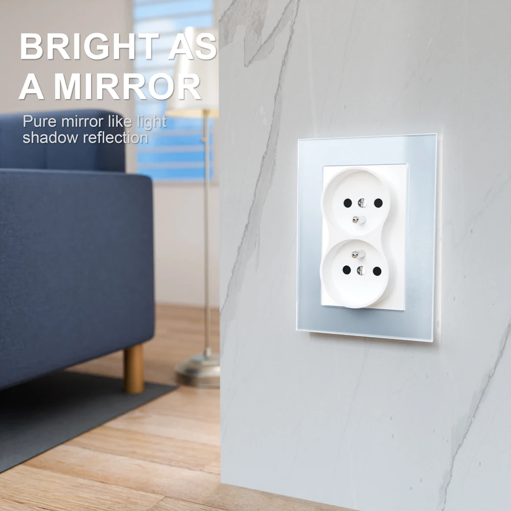 European standard 86*86mm tempered glass double French socket 16A with ce certification 110-250V