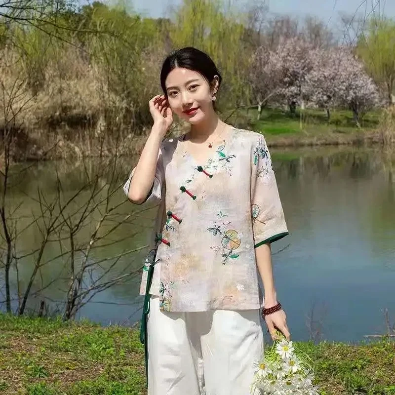 Hanfu blus musim panas wanita, atasan longgar mode Nasional leher V cetak bunga Vintage Hanfu wanita gaya China Modern