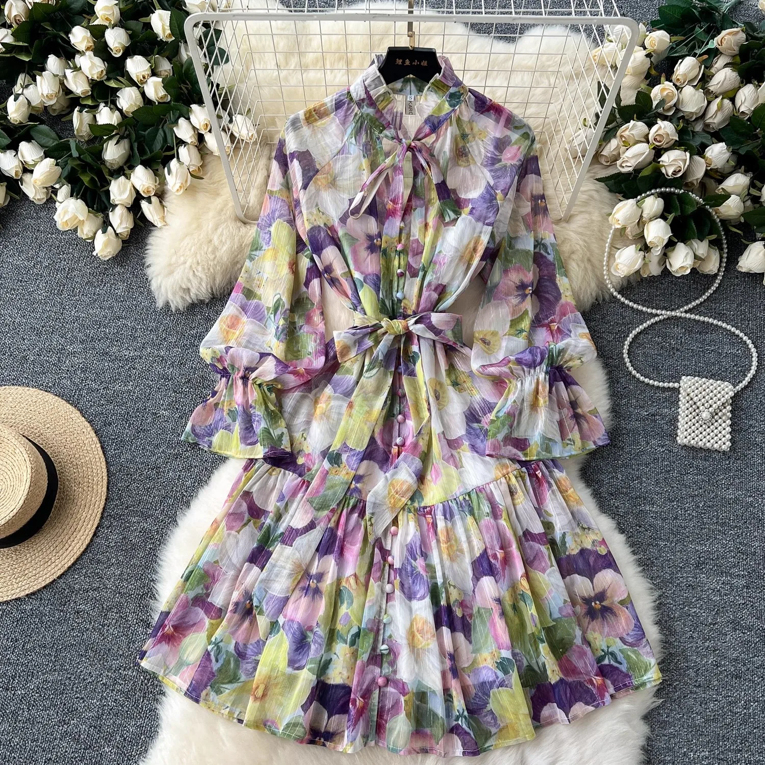 Summer Gorgeous Holiday Beach Mini Dress Women\'s Bow Neck Long Flare Sleeve Print Lace Up Bright Silk Chiffon Loose Vestidos